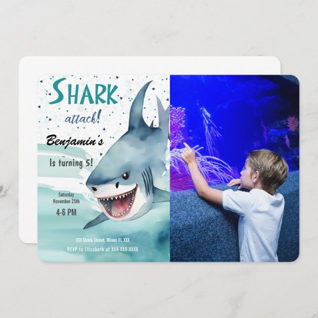 5th Birthday Party Shark Photo Invitation (Front/Back)