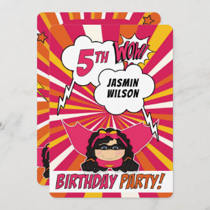 5th Birthday Party Superhero Pink Comic for Girls Invitation