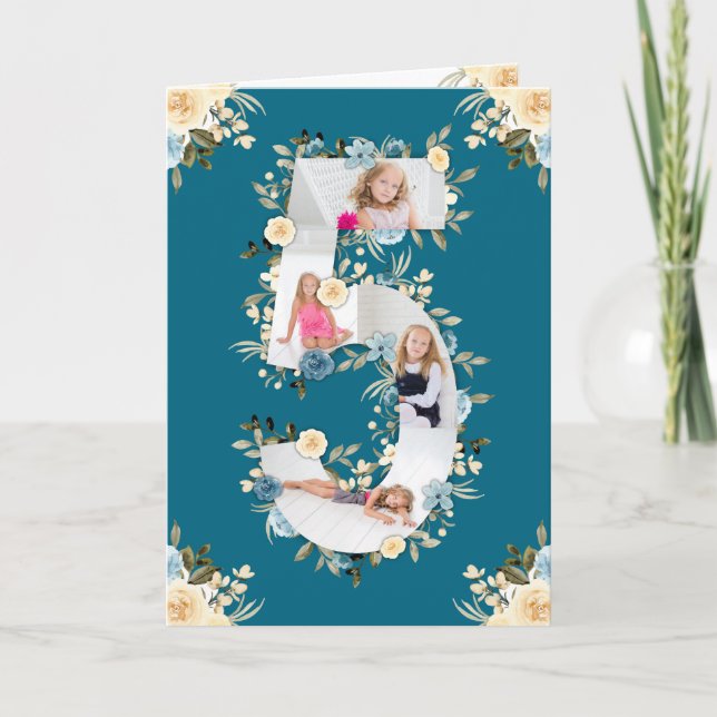 5th Birthday Photo Collage Blue Yellow Flower Teal Card (Front)