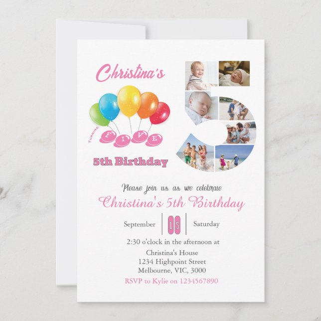 5th birthday photo collage number 5 Girl  Invitation (Front)