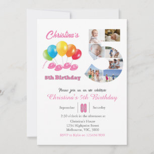5th birthday photo collage number 5 Girl  Invitation