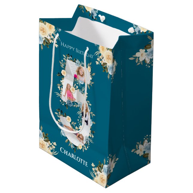 5th Birthday Photo Teal Collage Blue Yellow Flower Medium Gift Bag (Front Angled)
