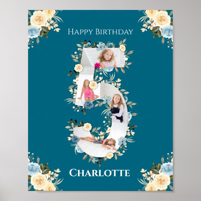 5th Birthday Photo Teal Collage Blue Yellow Flower Poster (Front)