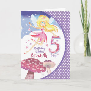 5th Birthday, Pink Fairy & Mushrooms Card