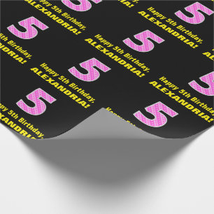 5th Birthday: Pink Stripes and Hearts "5" + Name Wrapping Paper