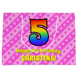 5th Birthday: Pink Stripes & Hearts, Rainbow # 5 Large Gift Bag
