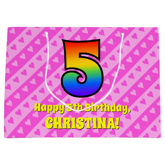 5th Birthday: Pink Stripes & Hearts, Rainbow # 5 Large Gift Bag (Front)