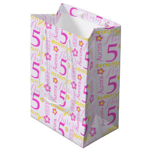 5th Birthday pink yellow custom name gift bag