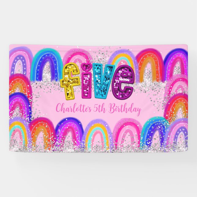 5th BIrthday Rainbow Sequin Glitter Party Banner (Horizontal)