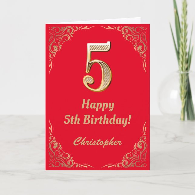 5th Birthday Red and Gold Glitter Frame Card (Front)