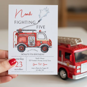 5th Birthday Red Fire Truck Fighting Five Invitation
