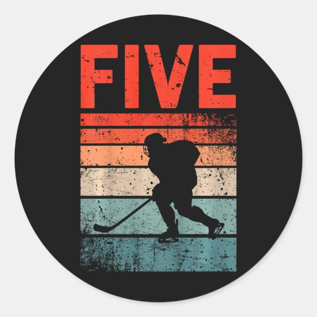 5th Birthday Retro Ice Hockey 5 Years Old Boy Girl Classic Round Sticker (Front)