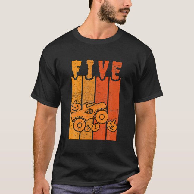 5th Birthday Retro Pumpkin Monster Truck Halloween T-Shirt (Front)
