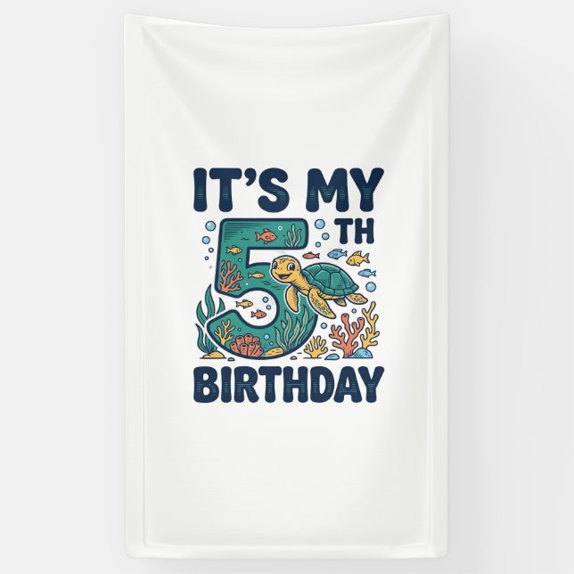5th Birthday Sea Turtle Underwater Vector Design_1 Banner (Vertical)