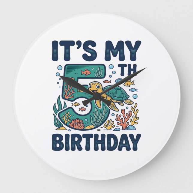 5th Birthday Sea Turtle Underwater Vector Design_1 Large Clock (Front)