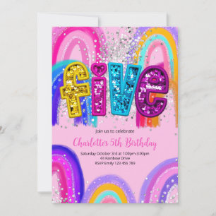 5th Birthday Sequin Rainbow Party Invitation