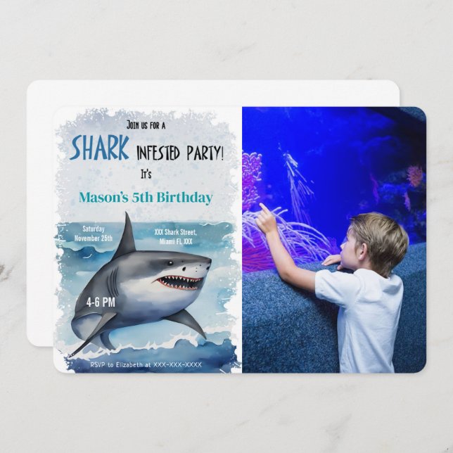 5th Birthday Shark Photo Invitation (Front/Back)