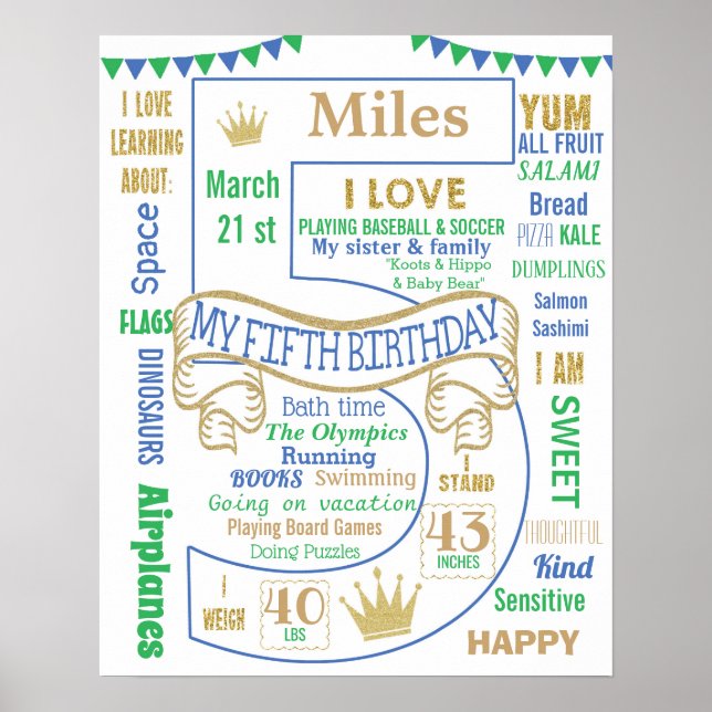 5th birthday sign poster banner milestone board (Front)