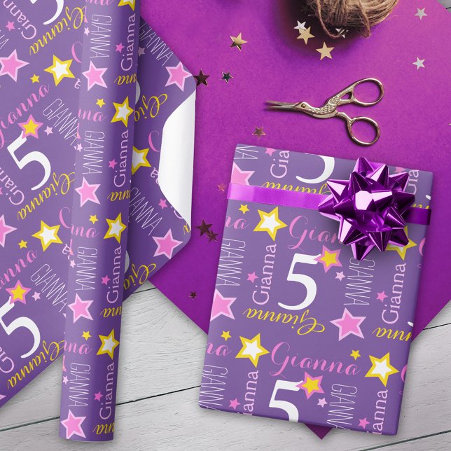 5th birthday star custom name purple pink yellow wrapping paper (Creator Uploaded)
