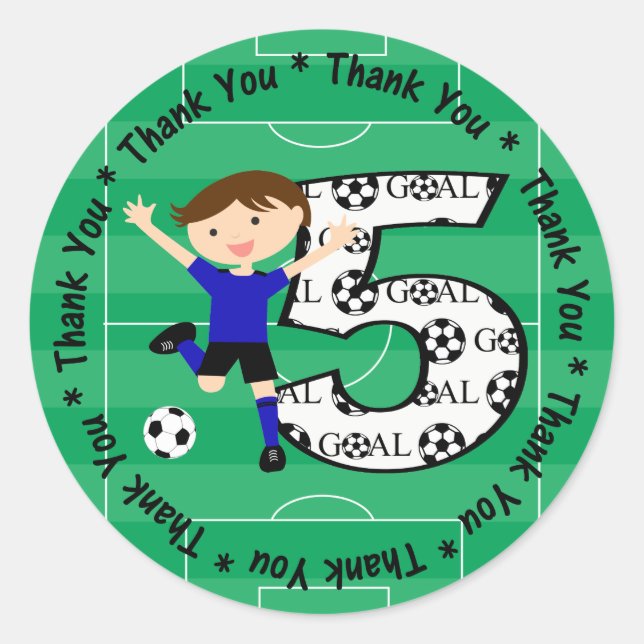 5th Birthday Thank You Blue and Black Soccer Goal Classic Round Sticker (Front)