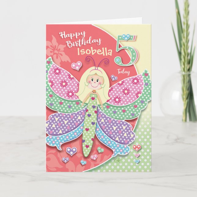 5th Birthday, Tiny, Cute Butterfly-Girl Card (Front)