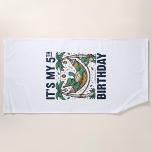 5th Birthday Turtle Hammock Vintage Engraving Desi Beach Towel