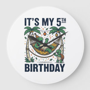 5th Birthday Turtle Hammock Vintage Engraving Desi Large Clock