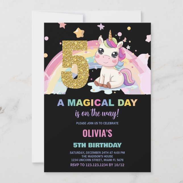 5th Birthday Unicorn Birthday Invitations (Front)