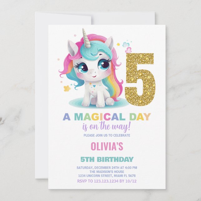 5th Birthday Unicorn Birthday Invitations (Front)