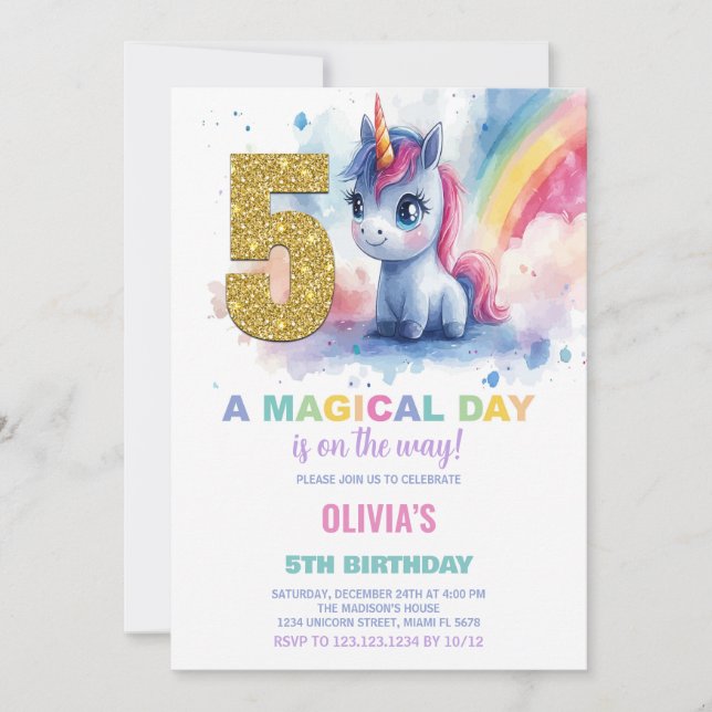 5th Birthday Unicorn Birthday Invitations (Front)