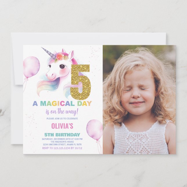 5th Birthday Unicorn Birthday Invitations photo (Front)