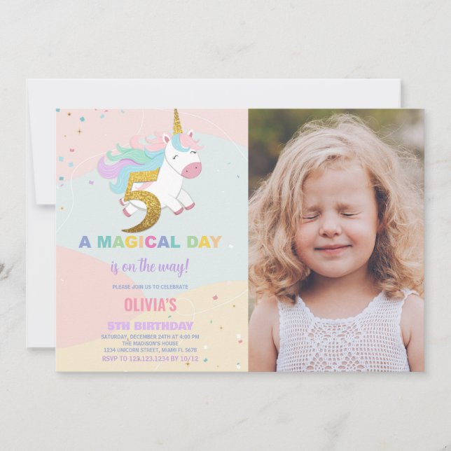5th Birthday Unicorn Birthday Invitations w photo (Front)