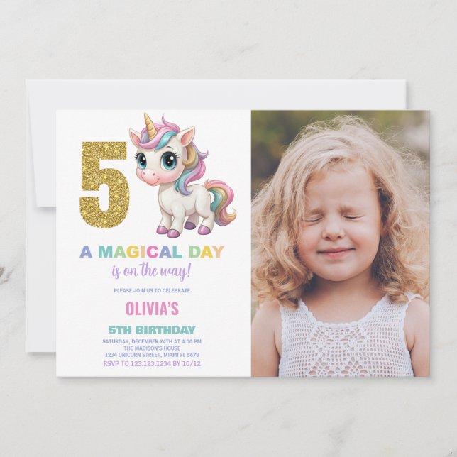 5th Birthday Unicorn Birthday Invitations w photo (Front)