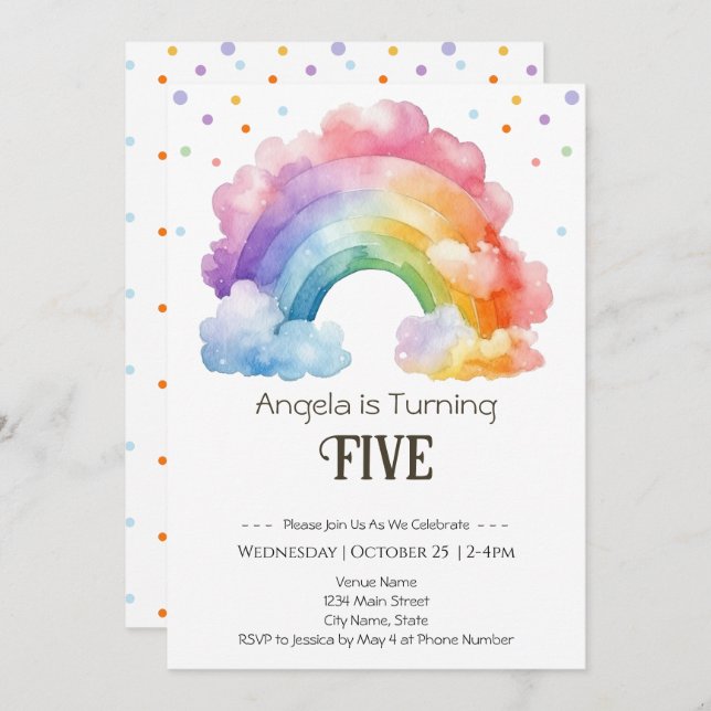 5th Birthday Watercolor Rainbow Kids  Invitation (Front/Back)