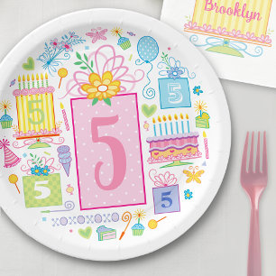 5th Birthday whimsical Cake Cupcake Present Paper Plate