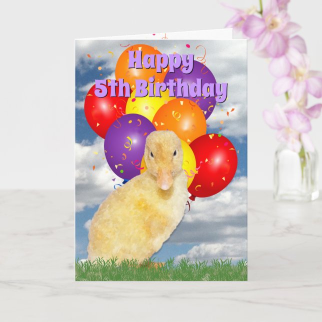 5th Birthday Yellow Duckling Colourful Balloons Card (Orchid)