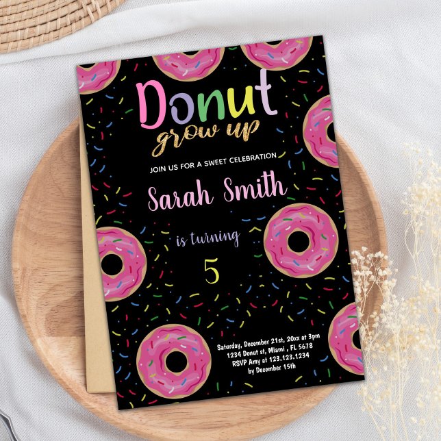 5th Black Pink Doughnut Birthday Invitations (5th Black Pink Donut Birthday Invitations)