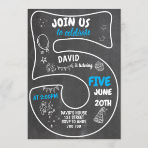 5th Boy Birthday Chalkboard Blue Number Invitation
