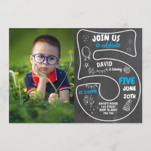 5th Boy Birthday Chalkboard with Photo Blue Number Invitation