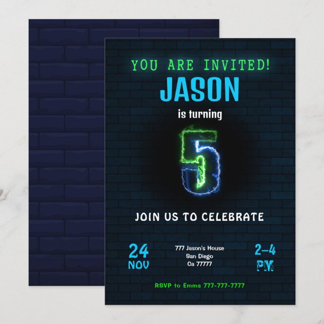 5th Boy Birthday Invitation (Front/Back)