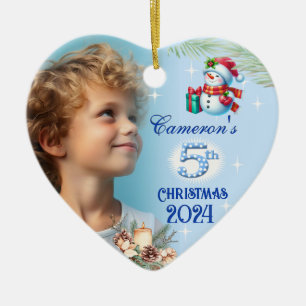 5th Christmas Personalized Boy's Photo Heart Gift Ceramic Ornament