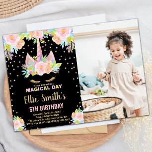 5th Floral Black Photo Unicorn Birthday Invitation