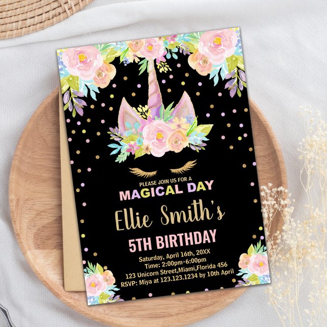 5th Floral Black Unicorn Birthday Invitations (5th Floral Black Unicorn Birthday Invitations)