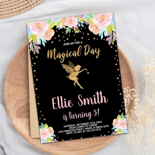 5th Floral Pink Magical Fairy Birthday Invitations (5th Floral Pink Magical Fairy Birthday Invitations)