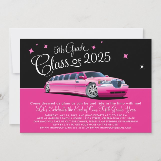 5th Grade Class Girly Pink Limousine Night Out Invitation (Front)