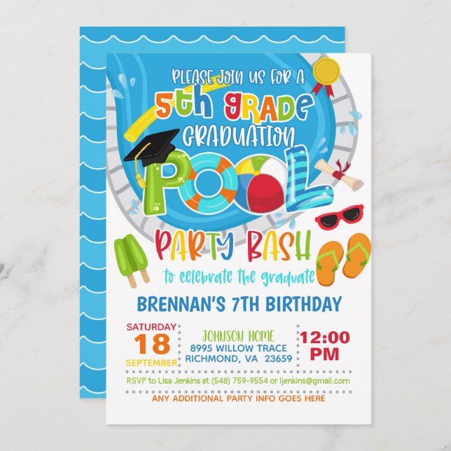 5th Grade Graduation Pool Party - Boy Invitation (Front/Back)