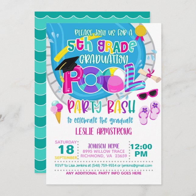 5th Grade Graduation Pool Party - Girl W Invitation (Front/Back)