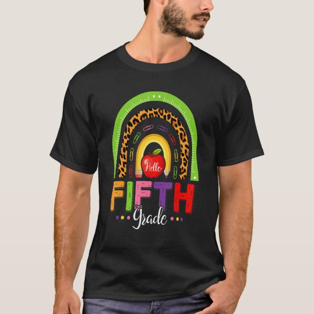 5th Grade Leopard Rainbow Hello Back To School Tea T-Shirt (Front)