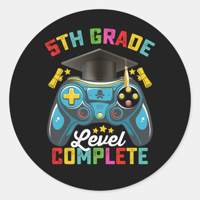5th Grade Level Complete Graduation Gaming Gamer Classic Round Sticker (Front)
