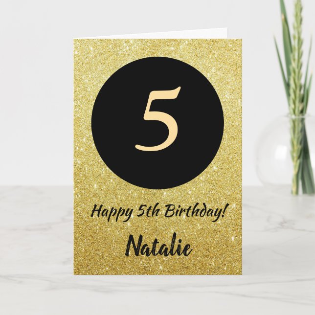 5th Happy Birthday Black and Gold Glitter Card (Front)